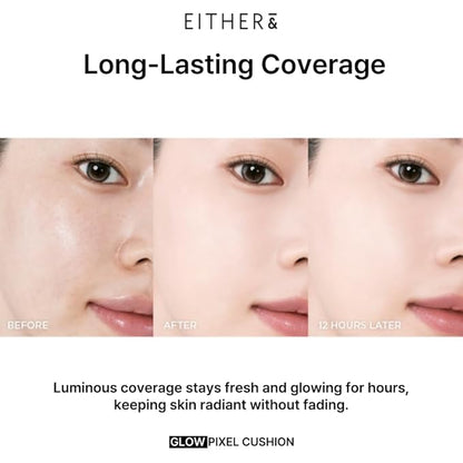EITHER& Glow Pixel Cushion Foundation, Glowy Skincare, Korean Makeup, Natural Coverage, Moisturizing, Lightweight, Long Lasting Coverage for Flawless Skin (17P Porcelain)