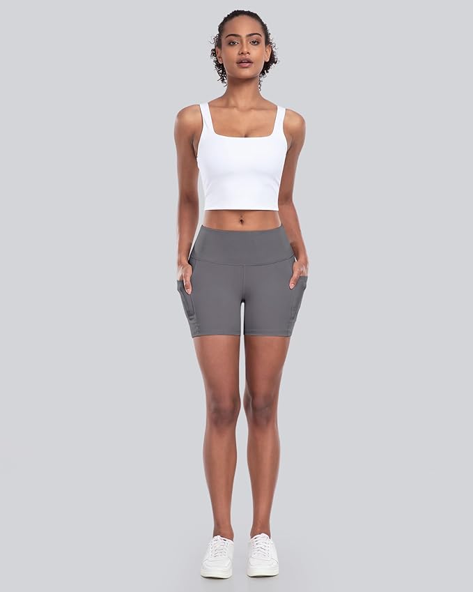 CHRLEISURE Womens Biker Yoga Shorts with Pockets: High Waisted Tummy Control Spandex Workout Athletic Gym Shorts 4 Packs