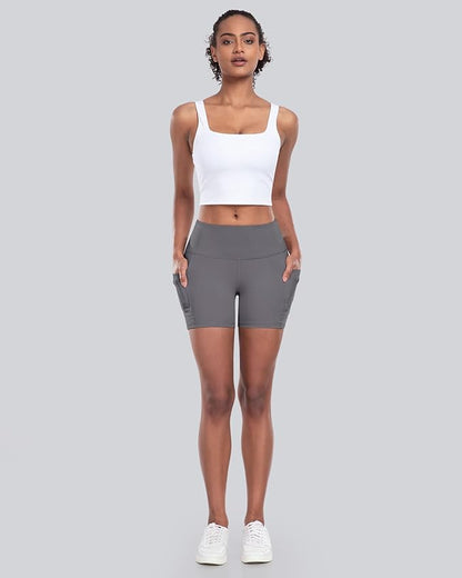 CHRLEISURE Womens Biker Yoga Shorts with Pockets: High Waisted Tummy Control Spandex Workout Athletic Gym Shorts 4 Packs