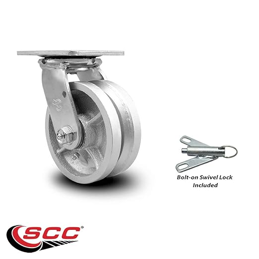 V Groove Semi Steel Cast Iron Swivel Top Plate Heavy Duty Caster with 5 Inch Wheel and Bolt on Swivel Lock – 1,100 lbs. Capacity/Caster - Service Caster Brand