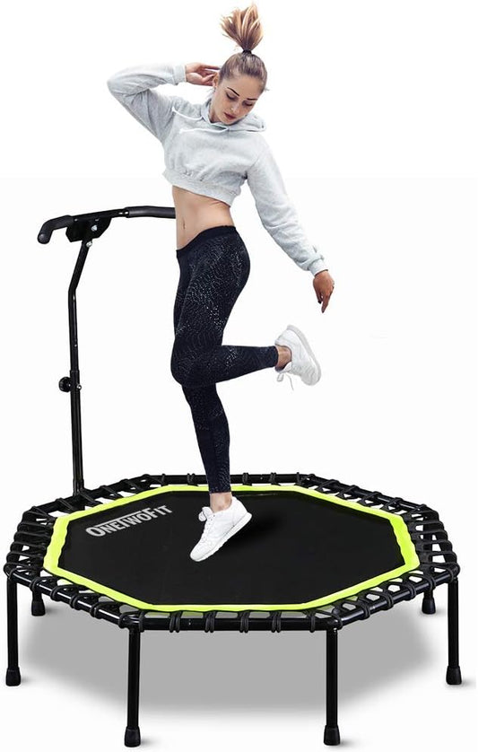 ONETWOFIT 51" Silent Trampoline with Adjustable Handle Bar, Fitness Trampoline Bungee Rebounder Jumping Cardio Trainer Workout for Adults…