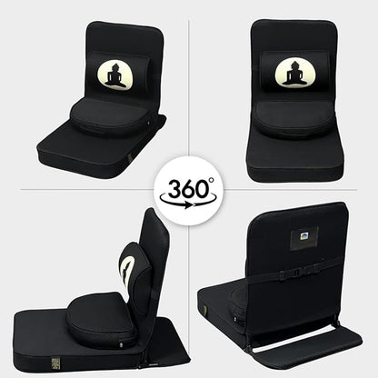 Friends Of Meditation Relaxing Buddha Meditation Chair | Detachable Rectangular Back Support & Zafu Cushion | Portable Folding Chair | with Back Support | Yoga Chairs for Adults | Black