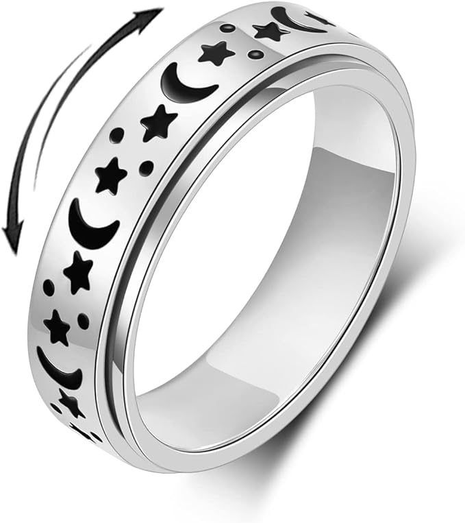 OreilleStar Anxiety Ring for Women Fidget Ring Anxiety Relief Items Spinner Rings for Anxiety Silver Moon Star Fidget Rings for Anxiety for Women Anxiety Band Ring