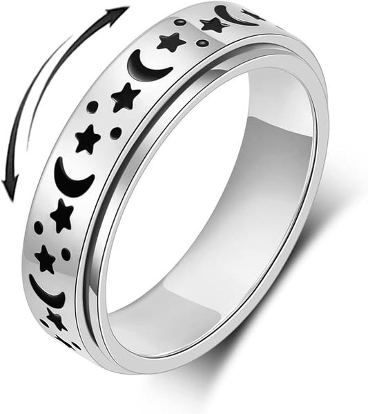 OreilleStar Anxiety Ring for Women Fidget Ring Anxiety Relief Items Spinner Rings for Anxiety Silver Moon Star Fidget Rings for Anxiety for Women Anxiety Band Ring