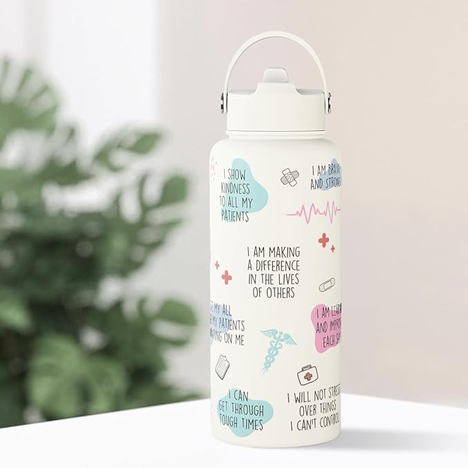Nurse Water Bottle 32oz Stainless Steel Insulated with Lid, Nurse Gifts for Female Nurses, Medical Staff Inspiration Gifts for Nursing Students, Graduation Christmas Birthday Nurse Week