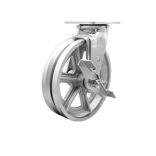V Groove Semi Steel Cast Iron Swivel Top Plate Heavy Duty Caster with 8 Inch Wheel and Top Lock Brake – 1,250 lbs. Capacity/Caster - Service Caster Brand