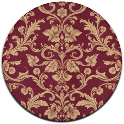 Soft Round Yoga Carpet, Large Home Decor Mat, Non-Slip Machine Washable Kitchen Office Circle Rug Compatible with Flower Maroon Gold Floral Classy Burgundy Antique