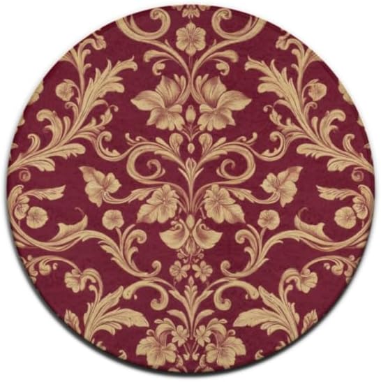 Soft Round Yoga Carpet, Large Home Decor Mat, Non-Slip Machine Washable Kitchen Office Circle Rug Compatible with Flower Maroon Gold Floral Classy Burgundy Antique
