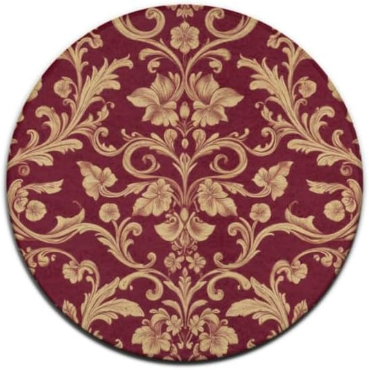 Soft Round Yoga Carpet, Large Home Decor Mat, Non-Slip Machine Washable Kitchen Office Circle Rug Compatible with Flower Maroon Gold Floral Classy Burgundy Antique