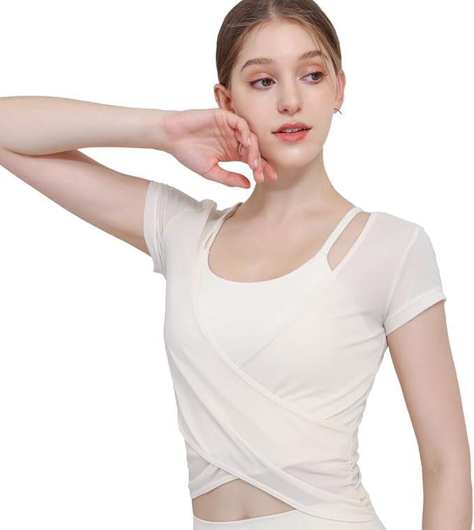 Harssidanzar Yoga Short Sleeve Two-piece set for Women Mesh Gym Athletic Tops Workout Shirts with Sports Bra CL305US