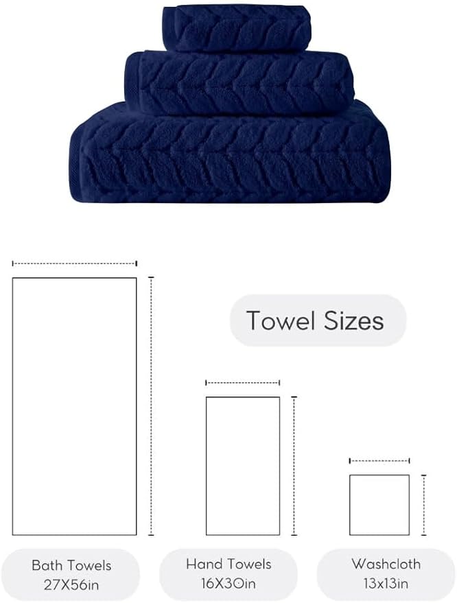 BAGNO MILANO Turkish Bath Towels, Soft Plush Jacquard Luxury Bath Towels, Quick Dry Towel Set (Navy, 3 pcs Towel Set)