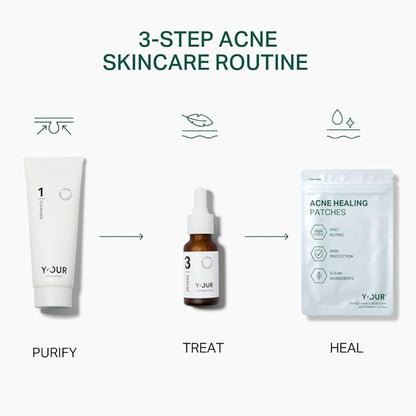 Y’OUR Essential 3-Step Acne Kit: Purifying Cleanser, Anti-Acne Serum & Healing Patches; Pimple Clearing, Pore Minimizing Skincare Routine. Made in USA. Suitable for All Skin Types