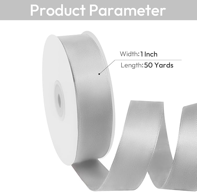 1" Width x 50 Yards Satin Fabric Ribbon, Silver Ribbon Perfect for DIY Bows, Swags, Gift Wrapping, Craft, Flower Bouquet，Christmas and Party Decoration