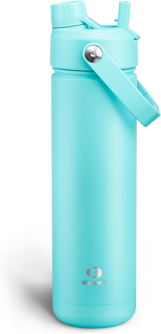 Insulated Water Bottle with Straw - Encool Stainless Steel Water Bottle, Leak-Proof, BPA-Free, Double Wall Vacuum Keeps Cold for 24 Hours for Sports, Travel, School (26 oz, Aquamarine Blue)