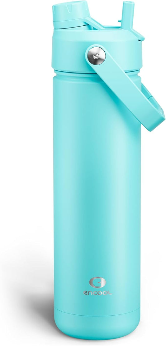 Insulated Water Bottle with Straw - Encool Stainless Steel Water Bottle, Leak-Proof, BPA-Free, Double Wall Vacuum Keeps Cold for 24 Hours for Sports, Travel, School (26 oz, Aquamarine Blue)