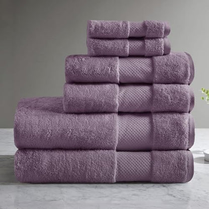 Madison Park Turkish 100% Cotton Towel Set, 600Gsm Luxury Premium Weight, Soft Absorbent Hotel Bathroom Shower Hand Face Washcloths, Assorted Sizes Purple 6 Piece