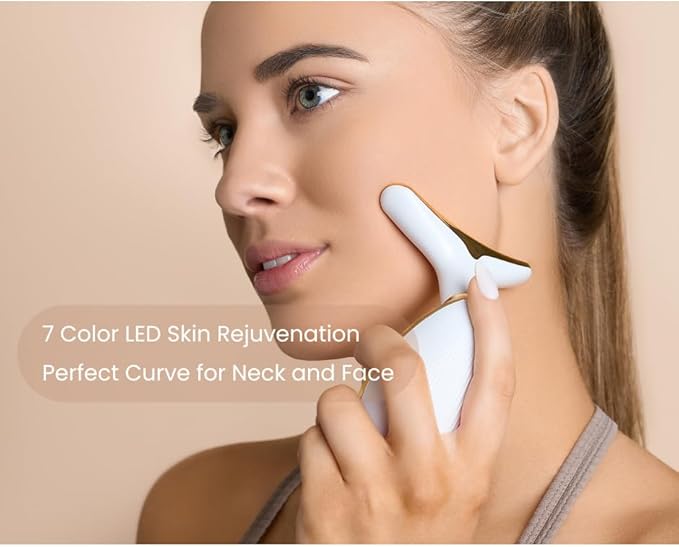 7 Color Face and Neck Massager 7-in-1 LED Light Therapy, Wrinkle Remover & Skin Tightening Device - Red Light Firming, Smoothing with Vibration - Rechargeable Anti-Aging at Home