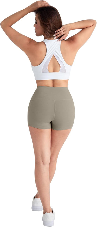 CHRLEISURE Womens Biker Yoga Shorts with Pockets: High Waisted Tummy Control Spandex Workout Athletic Gym Shorts 4 Packs