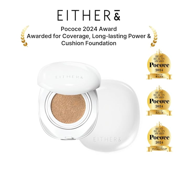 EITHER& Glow Pixel Cushion Foundation, Glowy Skincare, Korean Makeup, Natural Coverage, Moisturizing, Lightweight, Long Lasting Coverage for Flawless Skin (34N Acorn)