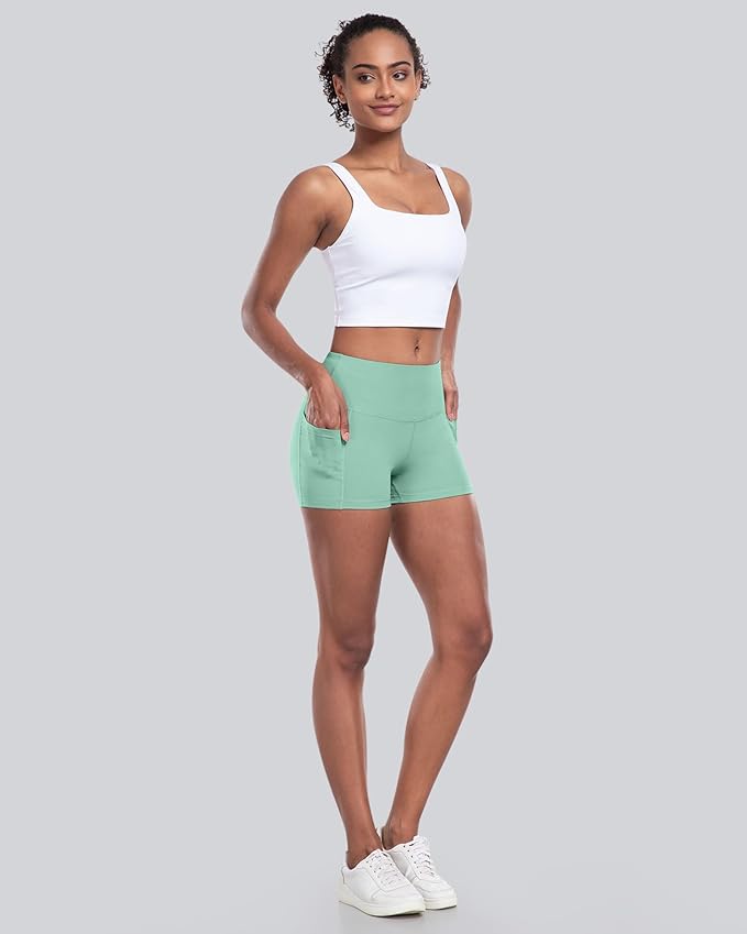 CHRLEISURE Womens Biker Yoga Shorts with Pockets: High Waisted Tummy Control Spandex Workout Athletic Gym Shorts 4 Packs