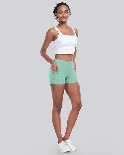 CHRLEISURE Womens Biker Yoga Shorts with Pockets: High Waisted Tummy Control Spandex Workout Athletic Gym Shorts 4 Packs