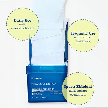 LEADERS Teca Cooling Toner Pad - Instant Relief for Dry, Overheated Skin | Vegan-Certified | Clinically Proven Efficacy | Korean Skincare 80 Pads x 130ml