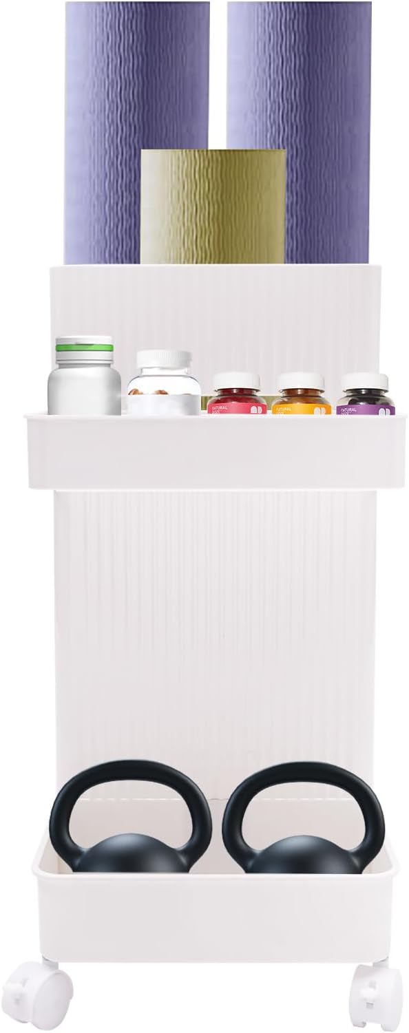 Yoga Mat Storage Rack with Wheels, Weight Cart Stand Small Gym Racks Yoga Racks, Storage Organizer Home Gym Equipment for Homes, Gyms, Schools (White)