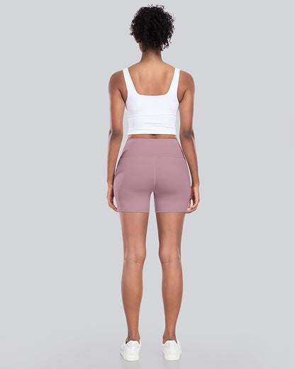 CHRLEISURE Womens Biker Yoga Shorts with Pockets: High Waisted Tummy Control Spandex Workout Athletic Gym Shorts 4 Packs