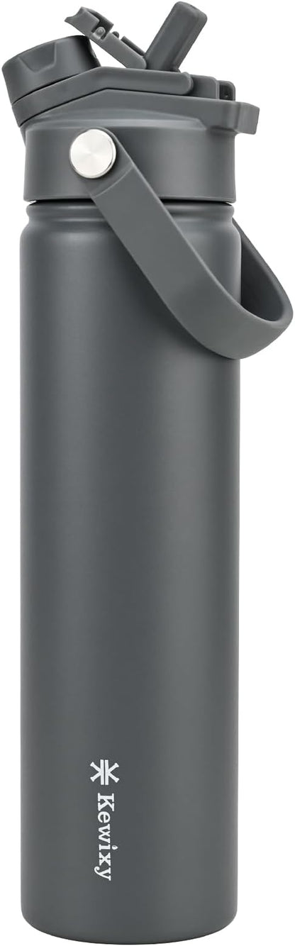 24 oz Insulated Water Bottle, 2-in-1 Lid, Straw & Spout with Protected, Leak Proof, Keep Cold, Stainless Steel, Metal, Reusable, Handle, for Travel, Gym and School, 2 Lids, Char Gray