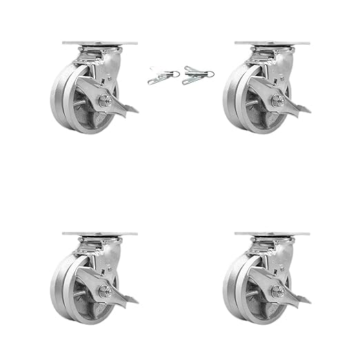 Service Caster Brand Heavy Duty Cast Iron Swivel Top Plate Casters Set of 4 - 5 Inch Wheels with Brakes and Bolt on Swivel Locks