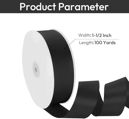 1-1/2" Width x 100 Yards Satin Ribbon, Black Ribbon Perfect for DIY Craft, Bows, Gift Wrapping, Flower Bouquet, Valentine's Day, Christmas and Halloween Party Decoration