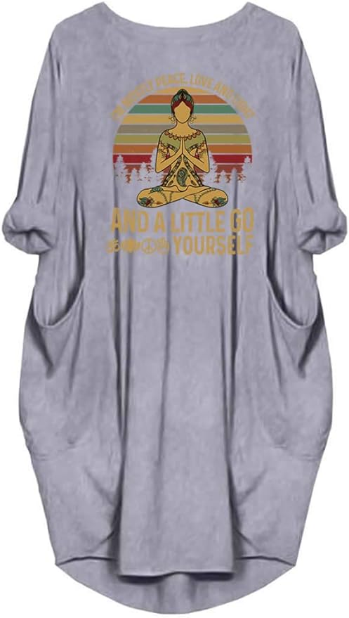 Womens I'm Mostly Peace Love and Light and A Little Go Print Long Sleeve Loose Pocket Oversize Tunic Dress