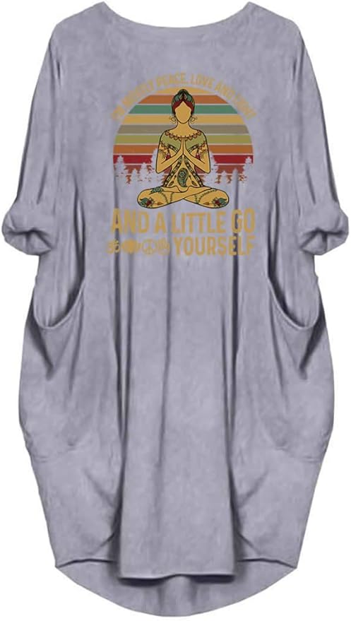 Womens I'm Mostly Peace Love and Light and A Little Go Print Long Sleeve Loose Pocket Oversize Tunic Dress