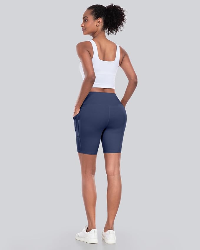 CHRLEISURE Womens Biker Yoga Shorts with Pockets: High Waisted Tummy Control Spandex Workout Athletic Gym Shorts 4 Packs