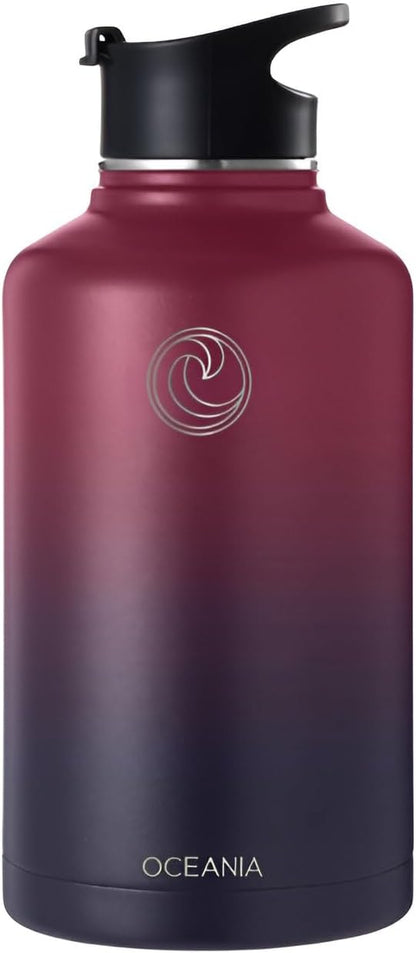 Oceania Flask 64oz Stainless Steel Water Bottles | Modern, Leakproof, Hydro BPA-Free, Insulated Water Bottle with 3 Lids, 3 Straws & 2 Straw Cleaning Brushes | Simple Camping & Hiking Water Bottles