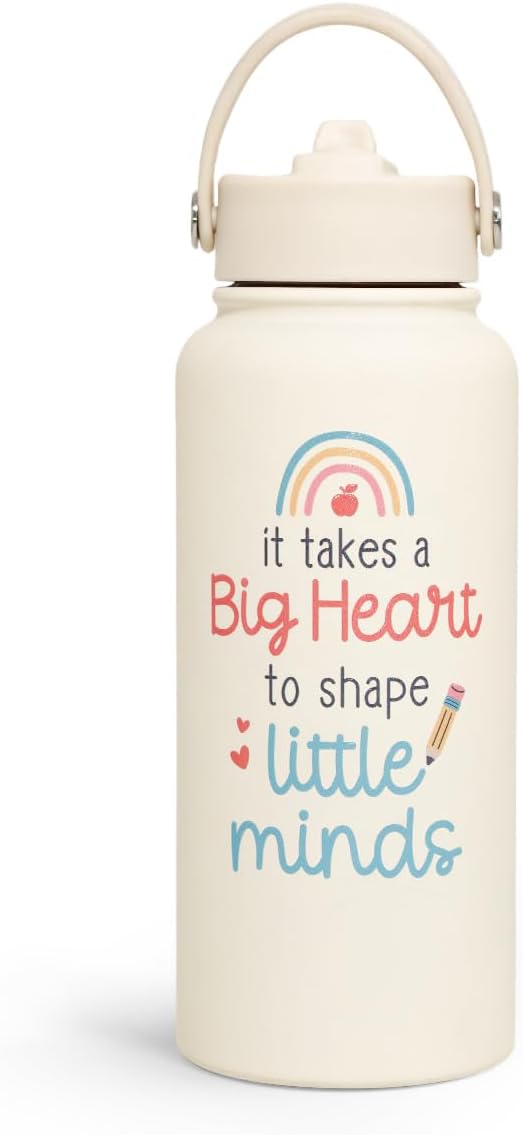 SANDJEST Teacher Appreciation Gifts - It Takes a Big Heart to Shape Little Minds Water Bottle 32oz Stainless Steel Insulated with Lid, Teacher Gifts from Students for Teacher's Day Back to School