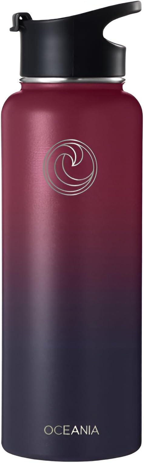 Oceania Flask 40oz Stainless Steel Water Bottles | Modern, Leakproof, Vacuum Insulated with 3 Lids, 3 Straws & 2 Straw Cleaning Brushes | Simple Lightweight Camping & Hiking Hydration Canteens