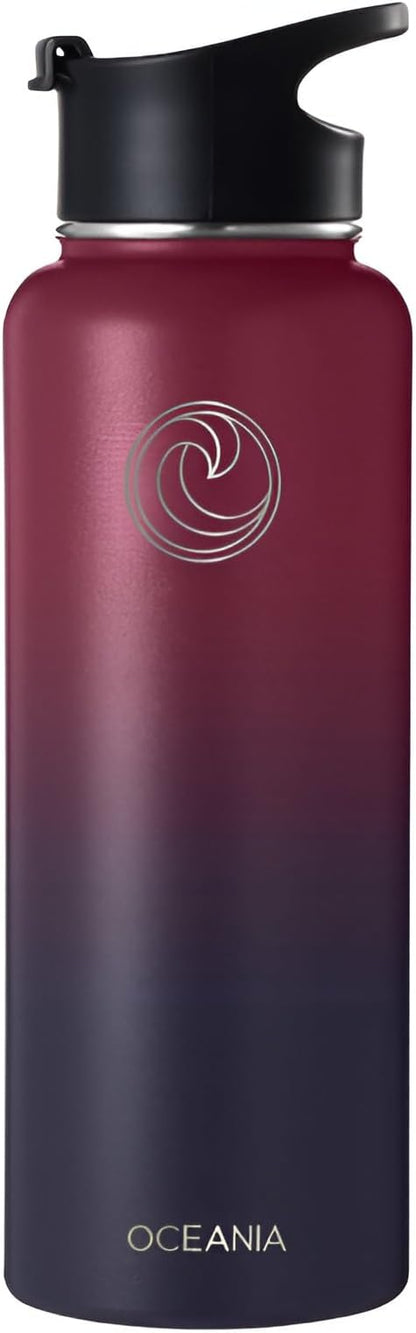 Oceania Flask 40oz Stainless Steel Water Bottles | Modern, Leakproof, Vacuum Insulated with 3 Lids, 3 Straws & 2 Straw Cleaning Brushes | Simple Lightweight Camping & Hiking Hydration Canteens