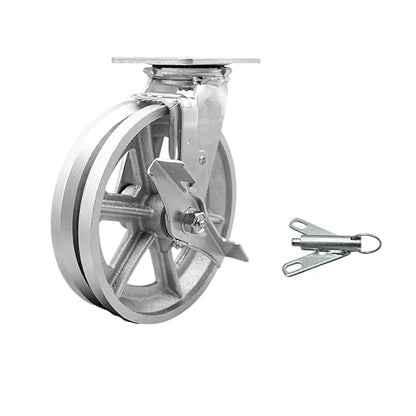 V Groove Semi Steel Cast Iron Swivel Top Plate Heavy Duty Caster with 8 Inch Wheel and Top Lock Brake and Bolt on Swivel Lock – 1,250 lbs. Capacity/Caster - Service Caster Brand