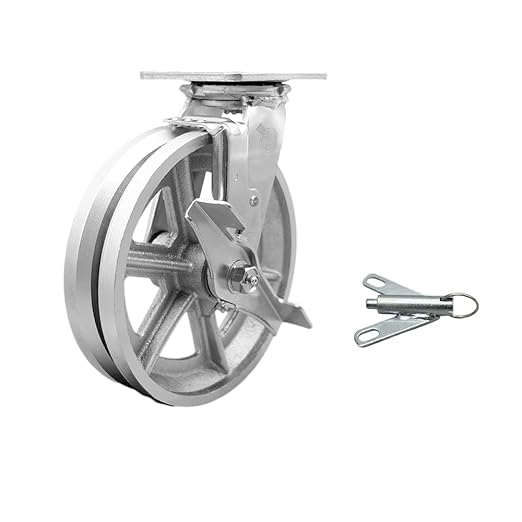 V Groove Semi Steel Cast Iron Swivel Top Plate Heavy Duty Caster with 8 Inch Wheel and Top Lock Brake and Bolt on Swivel Lock – 1,250 lbs. Capacity/Caster - Service Caster Brand