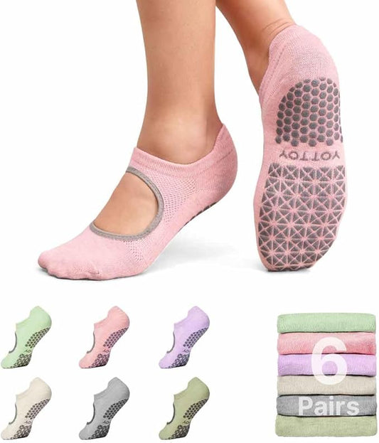 YOTTOY Pilates Socks for Women(6 Pairs)–Breathable, Grip-Enhanced Non-Slip Yoga Socks, Durable & Perfect for Home Workouts