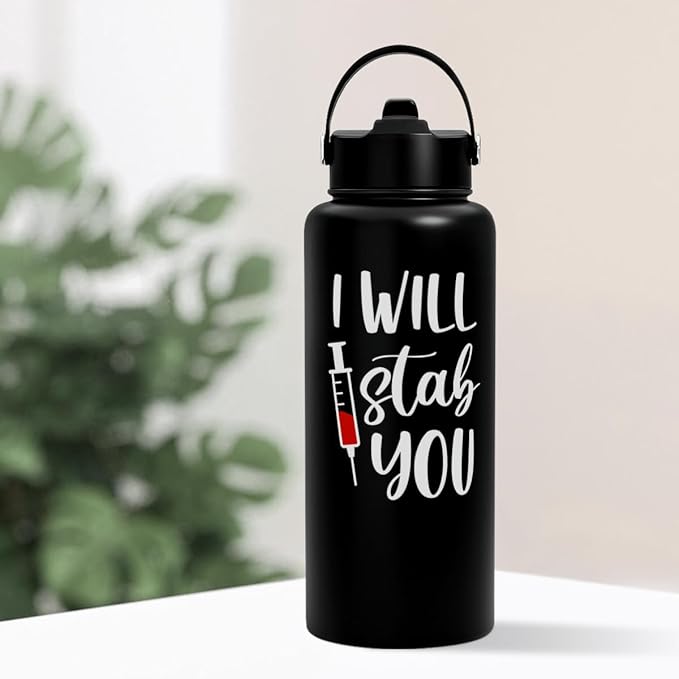 SANDJEST Nurse Gifts for Women - I Will Stab You Water Bottle 32oz Stainless Steel Insulated with Lid, Nurse Appreciation Gifts for Female Nurses, Christmas Birthday Nurse Week