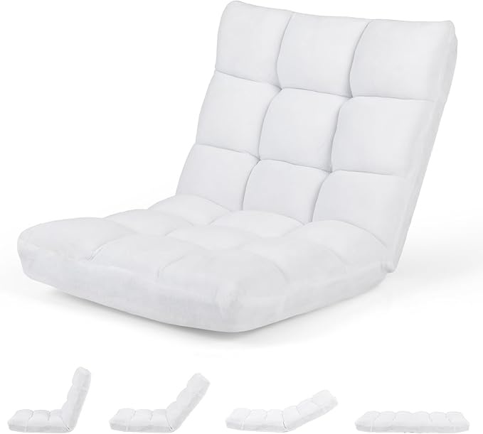 Moccha 14-Position Floor Sofa, Folding Sofa Chair with Back Support, Memory Foam Floor Gaming Chairs for Adults, Adjustable Padded Couch Recliner, Chaise Lounge for Reading, Meditating (White)