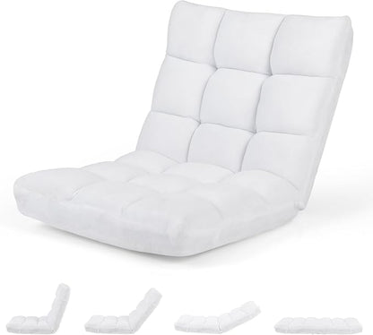 Moccha 14-Position Floor Sofa, Folding Sofa Chair with Back Support, Memory Foam Floor Gaming Chairs for Adults, Adjustable Padded Couch Recliner, Chaise Lounge for Reading, Meditating (White)