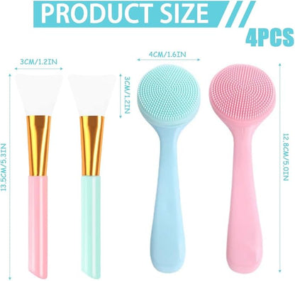 4PCS Silicone Facial Cleansing Brush & Mask Brush Set - Skin-Friendly Waterproof Exfoliator for Blackheads Removal, Pink & Teal Skincare Tools for Blackheads Whiteheads Makeup Residues Removal