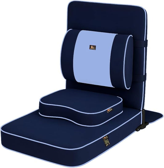 Friends Of Meditation Extra Large Meditation Chair | Floor Chair with Back Support | Yoga Chairs for Adults | Portable Folding Chair | Yoga Chair with Cushion & Meditation Block | Navy Blue | 24x22 in