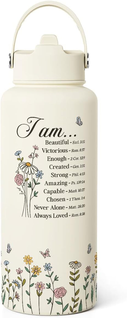 Christian Inspiration Water Bottle 32oz Stainless Steel with Lid & Straw, Inspirarional Insulated Bottles for Women Girls, Religious Inspirational Gift Idea for Birthday Christmas