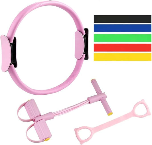 8pcs Pilates Ring Set,Pilates Exercise Equipment Set with 6-Tube Pedal Resistance Band 5Pcs Resistance Bands Open-Back Fitness Figure for Strength Flexibility Stability and Body Toning