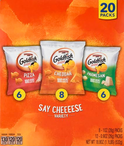 Goldfish Crackers Say Cheeeese Variety Pack with Cheddar, Pizza and Parmesan, Snack Packs, 20 Ct (Pack of 2)