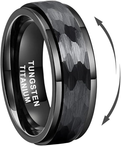 8mm Silver/Black/Gold Spinner Tungsten Titanium Fidget Rings for Men Women Anxiety Released Hammered Design Engagement Wedding Band Stepped Edges Comfort Fit